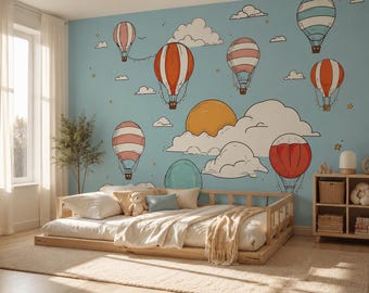 Abenteuer-Kinderzimmer-Wandbild mit Heißluftballon-Tapete, traumhafter Himmel, selbstklebendes Wandbild für Kinder