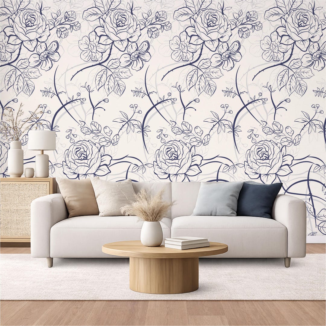 Blue Botanical Wallpaper Peel and Stick Modern Floral Wall Mural ...