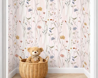 Elegant Wildflower Wallpaper Peel and Stick Scandinavian Floral Wall Art Neutral Cottagecore Decor in Pastel