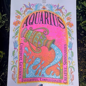 Impression du zodiaque Verseau, impression risographe, style carte de tarot, art mural signe du zodiaque, illustration dessinée à la main, cadeau d'anniversaire, affiche d'horoscope