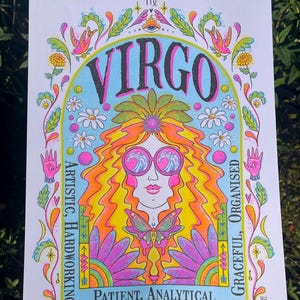 Impresión del zodiaco Virgo, impresión risográfica, estilo carta del tarot, arte mural del signo zodiacal, ilustración dibujada a mano, regalo de cumpleaños, póster del horóscopo