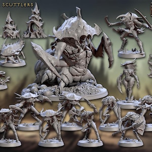 Peut inclure: Ensemble de figurines miniatures grises, comprenant diverses créatures et éléments de terrain. Le texte "BROOD OF THE ZEEK SCUTTLERS" et d'autres détails sont visibles. Les figurines sont pour jeux de table.
