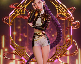 May include: A detailed figurine of a woman with long purple hair, wearing a black and gold jacket, white shorts, and a decorative belt. The figure is posed in front of a gold and pink decorative frame. The image includes text that reads "HIGH-QUALITY PRE-SUPPORTS" and "PATREON.COM/BULKAMANCER".