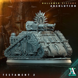 Op de afbeelding: Een gedetailleerd, grijs model van een tank met stekelige pantserplaten en dubbele kanonnen. Het model heeft ingewikkelde mechanische details en de tekst "Hallowed Sisters Absolution" en "Testament 2". Het A Games-logo is zichtbaar.