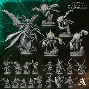May include: A collection of grey miniature figurines. The set features a large wasp queen with outstretched wings, several wasp-like creatures, and smaller warrior figures. The text "SYLVARI HIVE OF THE WASP QUEEN" is visible.