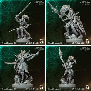 May include: Four grey miniature figurines of Sylvari Hiveguard warriors, each on a 25mm base. The figures are in dynamic poses, wielding swords, spears, and shields. The text "SYLVARI HIVE OF THE WASP QUEEN" is visible.