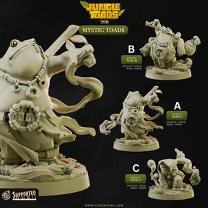 Könnte beinhalten: Produktbild mit drei detaillierten, hellgrünen Mystic Toad-Figuren. Die Kröten sind in verschiedenen Posen, eine hält einen Stab und eine andere eine kleine Tasche. Der Text "Jungle Toads 998" und "Mystic Toads" ist oben zu sehen. Die Höhe der Kröten ist zwischen 3,1 cm und 3,9 cm.