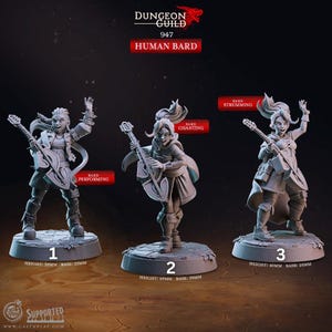 Könnte beinhalten: Drei graue Miniaturfiguren eines menschlichen Barden, jede in einer anderen Pose. Die Figuren stehen auf kreisförmigen Sockeln, wobei die erste Figur 39 mm hoch ist und eine Basis von 25 mm hat. Die zweite Figur ist 40 mm hoch mit einer Basis von 25 mm, und die dritte ist 40 mm hoch mit einer Basis von 25 mm. Der Text "DUNGEON GUILD 947 HUMAN BARD" steht oben.