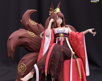 May include: A detailed figurine of a woman with fox ears and multiple tails, seated and wearing a red and white kimono-style outfit. The figure has brown hair and is adorned with gold accents. The image includes text that reads "HIGH-QUALITY PRE-SUPPORTS" and "PATREON.COM/BULKAMANCER".