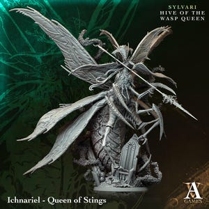 May include: A detailed, grey miniature figure of a wasp queen, with large, textured wings and intricate insectoid features. The figure is holding a spear and is surrounded by ornate details. Text on the image reads "Sylvari Hive of the Wasp Queen" and "Ichnariel - Queen of Stings."