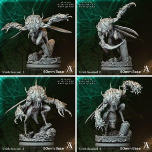 May include: Four grey miniature figurines of insectoid creatures, each posed differently. The figurines are labelled "Crith Sentinel" followed by a number. Each figure is on a 50mm base and has the text "Sylvari Hive of the Wasp Queen".