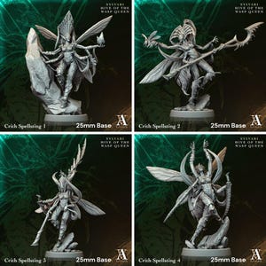 May include: Four detailed miniature figures of Sylvari Hive of the Wasp Queen, each on a 25mm base. The figures are in dynamic poses, with insect-like wings and intricate armour. The text "Crith Spellsting" and "25mm Base" are visible.