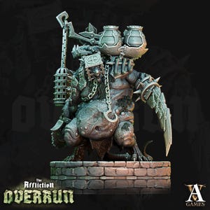 May include: A detailed miniature figure of a monstrous creature from "The Affliction Overrun" collection. The figure is gray and brown, with armor, a cage, and a large blade. It stands on a stone base, with the game's logo visible.