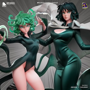 May include: A 3D-rendered image featuring two female anime figures. One has green hair and the other has dark hair. Both figures are wearing dark green dresses. The image has text that reads "HIGH-QUALITY PRE-SUPPORTS" and "PATREON.COM/BULKAMANCER".