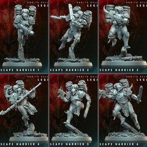 Puede incluir: Seis figuras en miniatura detalladas, de color gris, de guerreros blindados, cada una en una pose dinámica y sosteniendo armas. El texto "SCAPE HARRIER" y los números del 1 al 6 son visibles debajo de cada figura. Las miniaturas están sobre un fondo oscuro.