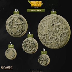 Könnte beinhalten: Eine Sammlung von fünf Sumpfbasis-Miniaturen in verschiedenen Größen, von 25 mm bis 75 mm Durchmesser. Jede Basis weist detaillierte Reliefdesigns von Sumpfflora und -gelände auf, perfekt für Miniaturspiele. Die Basen sind mit A bis E gekennzeichnet.