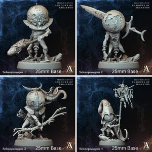 Könnte beinhalten: Vier Miniatur-Fantasy-Figuren, jeweils auf einer 25-mm-Basis, aus der Serie "Moondance Shadows of Argantos". Die Figuren befinden sich in verschiedenen Posen und halten Waffen oder Werkzeuge. Die Figuren haben einen mondähnlichen Kopf und sind grau.