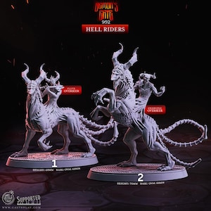 May include: Two grey miniature figurines of demonic creatures, labelled "Flute Overseer" and "Charging Overseer." The figurines are mounted on oval bases, with heights of 6cm and 7.5cm, respectively. The text "Demon's Gate 952 Hell Riders" is at the top.