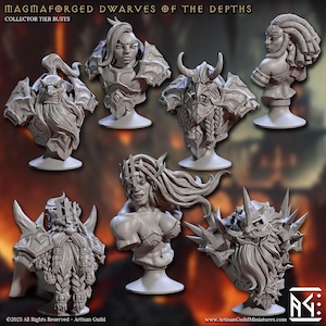 Könnte beinhalten: Eine Sammlung grauer Zwergenbüsten, jeweils auf einem weißen Sockel montiert. Die Büsten weisen detaillierte Rüstungen, Bärte und Gesichtsausdrücke auf. Der Text "MAGMAFORGED DWARVES OF THE DEPTHS" und "COLLECTOR TIER BUSTS" ist sichtbar.