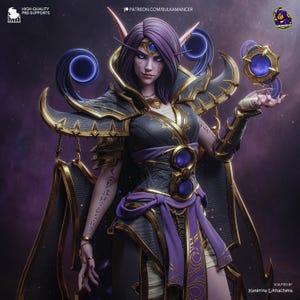 Puede incluir: Ilustración digital de un personaje de fantasía con cabello morado y orejas puntiagudas. El personaje viste un atuendo oscuro con detalles dorados, una faja morada y sostiene un orbe brillante. El fondo es un espacio borroso púrpura y negro.