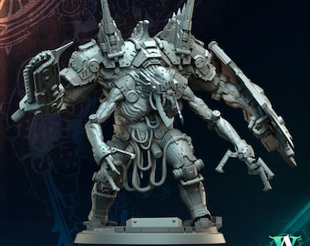 Op de afbeelding: Een grijze Goliath Dreadnought miniatuur uit het spel "The Transcended Reservoirs of Death". Het figuur heeft een gedetailleerd, mechanisch ontwerp met meerdere armen, wapens en pantserplaten. De basis is rechthoekig en het figuur staat in een dynamische houding.