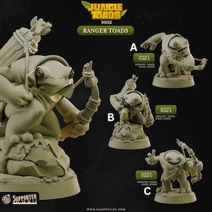 Könnte beinhalten: Eine Sammlung grüner Ranger Toad Miniaturen aus Kunstharz. Das Bild zeigt drei verschiedene Posen: eine mit Pfeil und Bogen, eine kniend und eine stehend. Der Text auf dem Bild lautet "Jungle Toads 1002 Ranger Toads". Die Miniaturen sind mit A, B und C gekennzeichnet, mit Höhen- und Basismessungen in Millimetern.