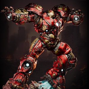 Op de afbeelding: Een rood en goudkleurig Iron Man actiefiguur in een dynamische pose. Het figuur is zeer gedetailleerd, met zichtbare mechanische onderdelen en gloeiende blauwe lichten. Het figuur staat op een rotsachtige basis. De tekst "AVAILABLE ON PATREON" is zichtbaar.