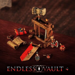 Könnte beinhalten: Eine Sammlung von Miniatur-Fantasy-Spielzubehör, darunter ein Holzhammer und eine Presse, eine Schriftrolle, ein Banner und eine kleine Axt. Die Artikel sind auf einer dunklen Holzoberfläche angeordnet. Der Text "ENDLESS VAULT" befindet sich unten.