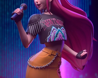 May include: A 3D-rendered image of a female singer holding a microphone. She wears a black crop top with the text "WON'T MISS" and a colorful graphic, a yellow skirt, and black gloves. Her long hair is a vibrant pink.