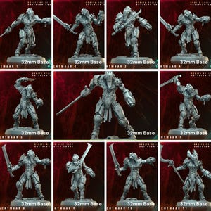 Pode incluir: Uma coleção de onze figuras em miniatura cinzentas, cada uma posando de forma diferente e segurando armas. As figuras estão em bases de 32 mm. O texto "HTMAAR" e os números 1-11 são visíveis. As figuras são provavelmente para jogos de mesa.