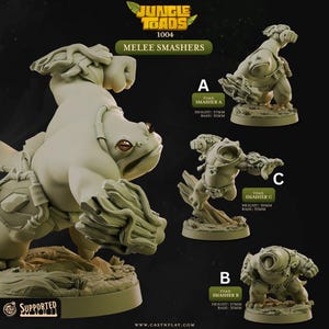 Könnte beinhalten: Werbebild für "Jungle Toads" Miniaturfiguren. Das Bild zeigt drei verschiedene Posen einer froschartigen Kreatur, beschriftet mit A, B und C, mit dem Text "MELEE SMASHERS". Jede Figur ist etwa 37mm bis 59mm hoch und hat eine 35mm Basis.