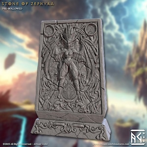 Könnte beinhalten: Graue Steinskulptur einer geflügelten weiblichen Figur mit detaillierten Schnitzereien. Der Text "STONE OF ZEPHYRA" und "PRE-HOLLOWED" ist sichtbar. Die Skulptur steht auf einem rechteckigen Sockel mit Verzierungen. Das Artisan Guild Logo ist vorhanden.