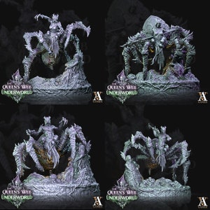 Peut inclure: Une miniature en plastique gris d'une créature ressemblant à une araignée avec une figure humaine chevauchant sur le dessus. La figure tient une épée et un bouclier. La miniature est posée sur une base avec une texture rocheuse. Le texte "The Queen's Web Underworld" est imprimé sur la base.