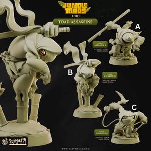 Könnte beinhalten: Eine Sammlung grüner Resin-Figuren mit der Bezeichnung "Jungle Toads 1001 Toad Assassins". Das Bild zeigt drei verschiedene Assassinen-Kröten-Modelle, jeweils mit einzigartigen Posen und Waffen. Die Figuren werden mit ihren Höhen- und Basismessungen in mm angezeigt.