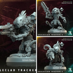 Könnte beinhalten: Drei detaillierte Miniaturfiguren der Scalecald Tracker-Serie, jeweils auf einer 32-mm-Basis. Die Figuren befinden sich in verschiedenen Actionposen, halten Waffen und tragen futuristische Rüstungen. Die Figuren sind Teil der Huntpack-Serie.