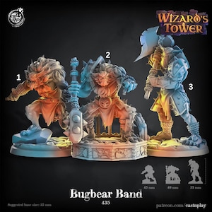 Peut inclure: Trois figurines fantastiques détaillées du Bugbear Band, chacune avec une armure et des armes uniques. Les figurines sont dans des poses dynamiques, avec une palette de couleurs orange, bleu et gris. La taille de base suggérée est de 35 mm. Le texte "Wizard's Tower" est visible.