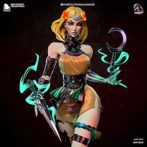May include: A 3D-rendered female figure with blonde hair, dressed in a gold and green outfit. She holds a sword and a crescent-shaped staff, both glowing teal. The figure has a floral headpiece and detailed armour. The background is dark.