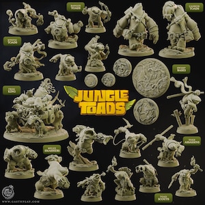 Könnte beinhalten: Eine Sammlung von Miniaturfiguren, darunter Kröten und Sumpfbasen, mit dem Text "Jungle Toads". Die Figuren sind in verschiedenen Posen, wie z. B. Ranger, Assassinen und Pfadfinder. Die Farbe ist ein neutrales Beige.