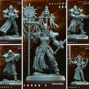 Op de afbeelding: Een verzameling grijze miniatuurfiguren, elk met een krijger in gedetailleerde bepantsering. De figuren staan op 32 mm bases en zijn gelabeld met de namen "THORN" en "HORN" gevolgd door een nummer. De tekst "HALLOWE ABSO" is ook zichtbaar.