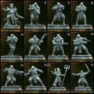 Può includere: Una collezione di dodici miniature grigie su basi circolari, tra cui un Black Overseer, nove soldati di plotone con vari fucili e coltelli, un sacerdote che impugna un bastone e un sergente armato di spada e arma da fuoco.