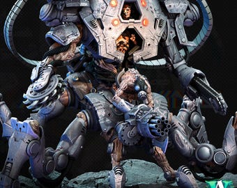 May include: A large, gray, mechanical creature with a human figure inside the cockpit. The creature has multiple legs and arms, and is holding a large, multi-barreled weapon. The creature is standing on a rocky surface. The text "THE TRANSCENDED AWAKENING" is at the bottom of the image.