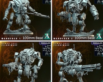 May include: Four images of detailed, gray Wanderer miniatures from the Nomad Gods Pilgrimage series. Each miniature is on a 100mm base and features intricate mechanical designs. The miniatures are labeled Wanderer 1, 2, 3, and 4, showcasing different weapon configurations.