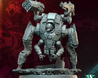 May include: A gray, detailed miniature robot with multiple weapon attachments. The robot has a central body with articulated limbs and is mounted on a rocky base. The text "ATOMCORE CONCLAVE" and "ATOMCORE SENTINEL 1" are visible.