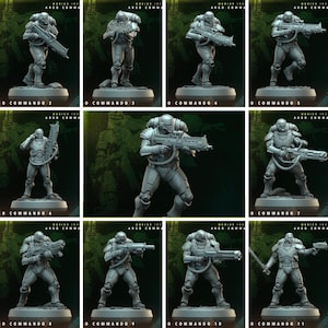Può includere: Undici miniature di soldati in plastica grigia con armature futuristiche, ciascuna con un'arma. Le miniature sono in piedi su basi circolari con il testo "O COMMANDO" seguito da un numero da 2 a 11.