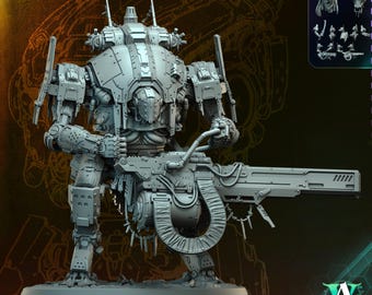 May include: A gray, modular Warchief robot model from Nomad Gods Pilgrimage. The robot is heavily armored and holds a large weapon. The image includes the text "Nomad Gods Pilgrimage", "Modular", "Warchief", and the A Games logo.