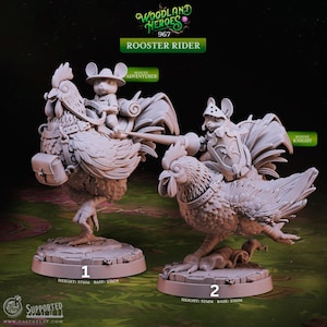 May include: Two detailed figurines of mice riding roosters. One mouse is an adventurer, the other a knight. The figurines are labeled "Rooster Rider" from the "Woodland Heroes" collection. The adventurer is 57mm tall, and the knight is 52mm tall.