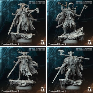 Könnte beinhalten: Vier detaillierte Miniaturfiguren von Kriegern mit gehörnten Helmen, Äxten und Schwertern. Die Figuren sind in Grau bemalt und stehen auf felsigen Sockeln. Die Figuren stammen aus dem Spiel Frostburn Horrors: Frozen Echoes.