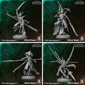 May include: Four detailed miniature figures of the Crith Queensguard, each posed with weapons. The figures are on 25mm bases and are part of the Sylvari Hive of the Wasp Queen collection. The figures are in shades of grey.