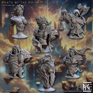 Könnte beinhalten: Eine Sammlung grauer Resin-Büsten aus der "Wrath of the Malakim" Collector Tier. Die Büsten zeigen verschiedene Charaktere, darunter eine Frau, ein Krieger mit Waage und ein Löwenkopf. Das Logo und die Website von Artisan Guild sind sichtbar. ©2024 All Rights Reserved - Artisan Guild.