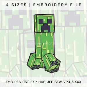 Pode incluir: Arquivo de bordado de personagem Creeper Minecraft verde em quatro tamanhos. Os formatos de arquivo incluídos são EMB, PES, DST, EXP, HUS, JEF, SEW, VP3 e XXX.
